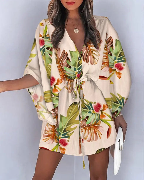 Women's V-Neck Tie Printed Beach Dress - ROUTINE FASHION